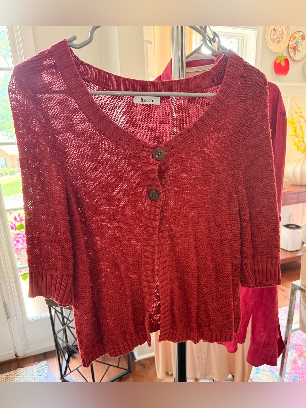 liz & co. Light weight Knit Short-Sleeve Cardigan in Deep Red